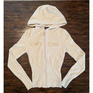 Y2K BEBE Women S Full-Zip Hoodie Sweater Jacket Ivory Gold Glitter Rhinestone